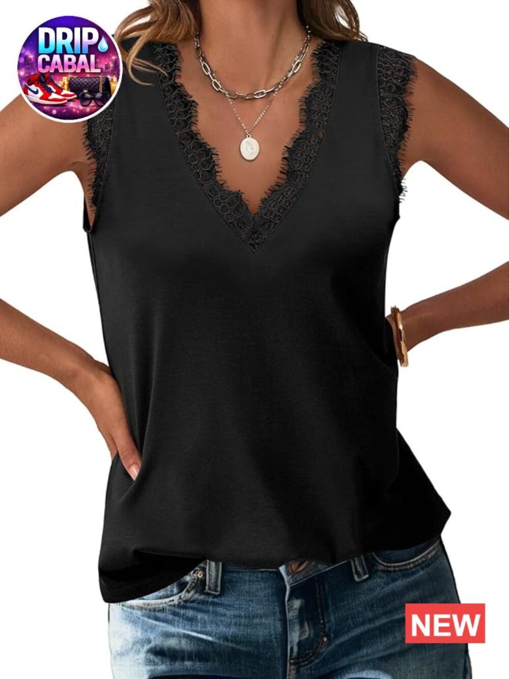 Lace Trim V Neck Sleeveless Tank Top - Summer Casual Cami Shirt